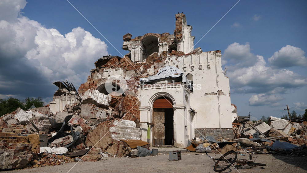 View to destroyed church at Kharkivska oblast. Ruined building after bomb attacks on ukrainian territory from russia army. Consequences of russian invasion of Ukraine. Slow mo