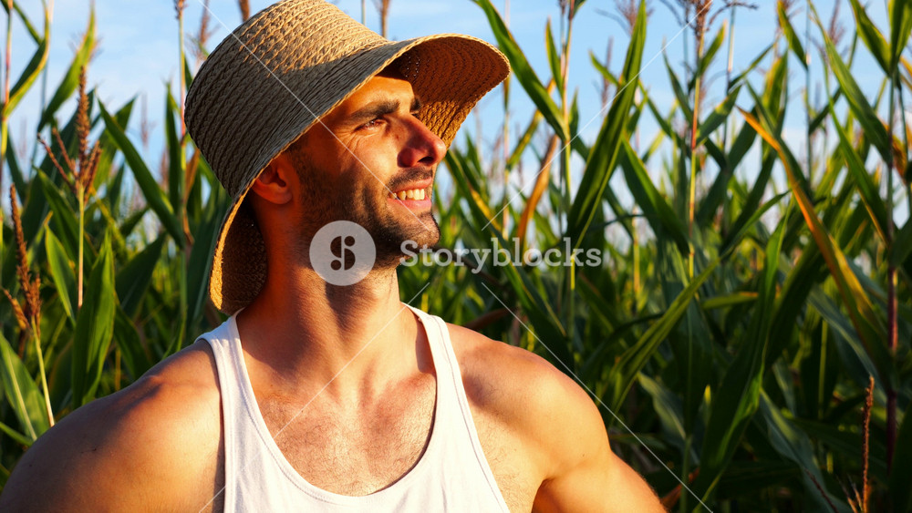 Happy smiling male farmer looks into camera standing near corn meadow. Portrait of young handsome agronomist in straw hat with maize field at background. Agricultural business concept