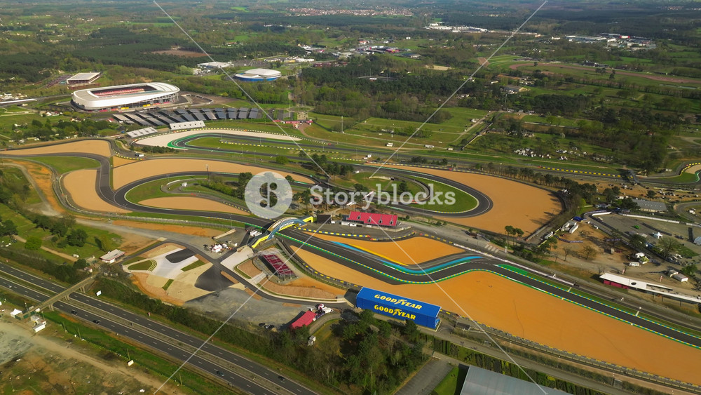 France, Le Mans, 09 May 2025: Aerial view of the race track hosting the 24 Hour Endurance Car Race at Le Mans. The famous winding track in Europe. Car racing in France