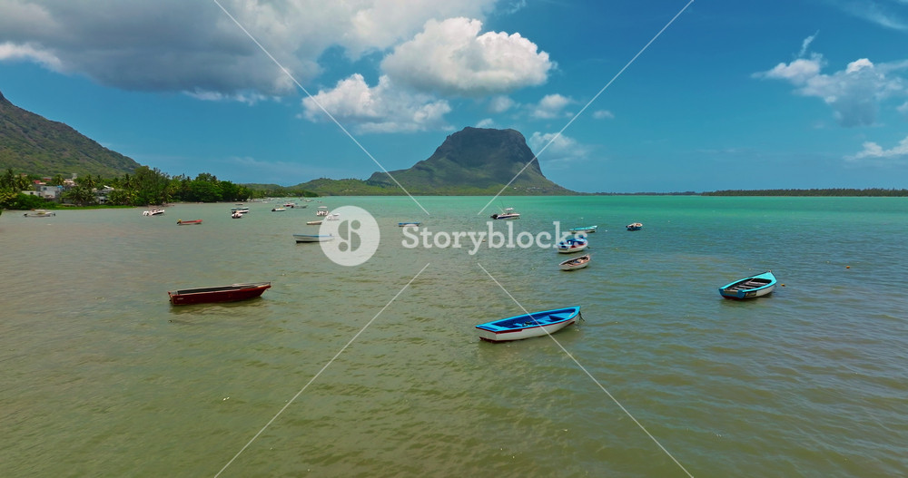 Aerial view of crystal water on the seashore, Mauritius with palm trees and living reef around the island. Establishing shot of sea lagoon