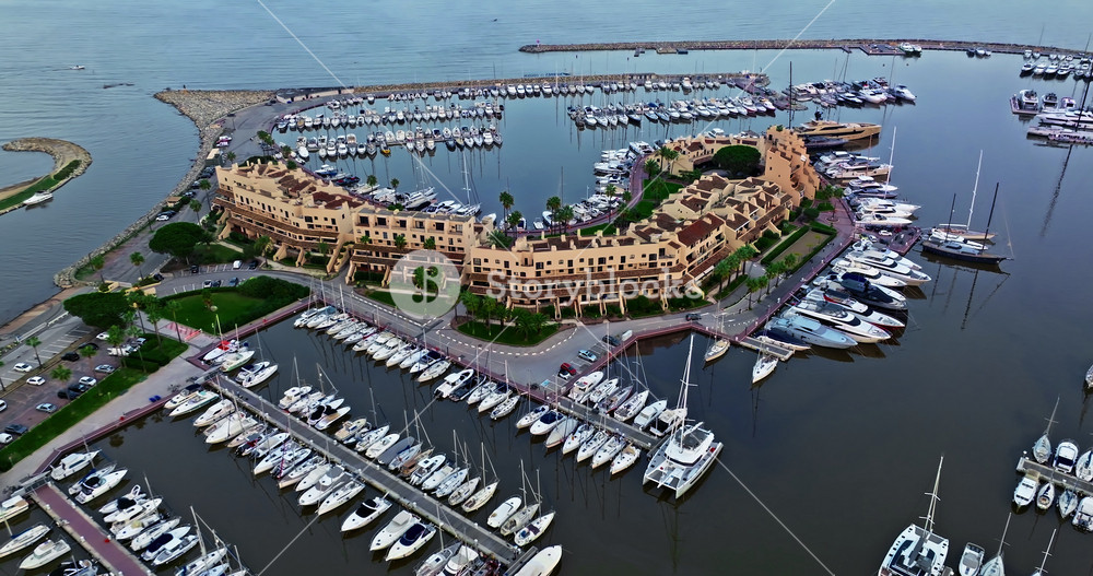 Aerial view of the Port Grimaud, Provence Alpes Cote Azur region in southeastern France. Beautiful marina in the French riviera. Colorful