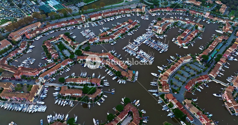 Aerial view of the Port Grimaud, Provence Alpes Cote Azur region in southeastern France. Beautiful marina in the French riviera. Colorful