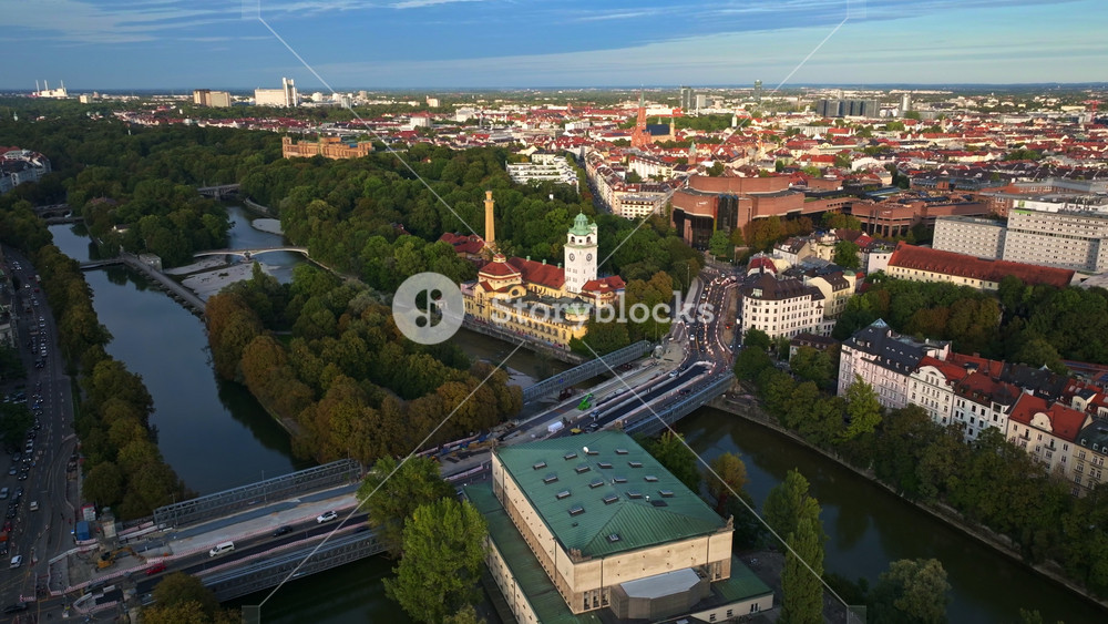 Aerial view of Müllersches Volksbad, a historic public indoor swimming pool (Hallenbad) with Art Nouveau architecture, located on the banks of the Isar River in Munich, Germany. 30 September 2024.
