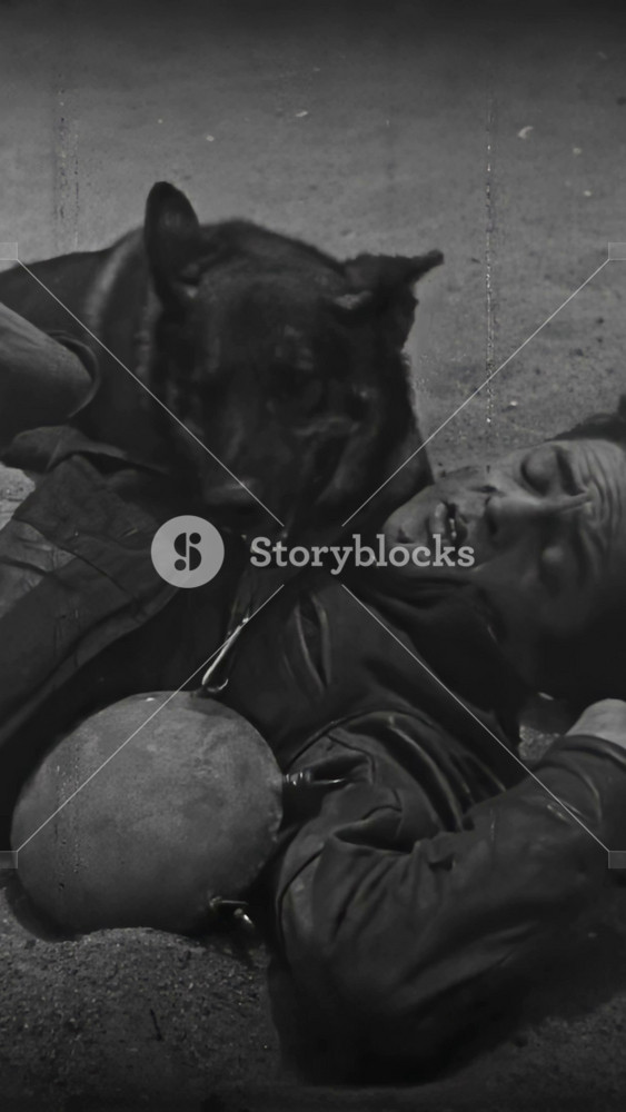 US - 1925 - in this silent western, a wolf-dog rescues his injured owner in a storm and drags him into a cave. The man writes a message on his flask and tells his dog to take it to his girlfriend.