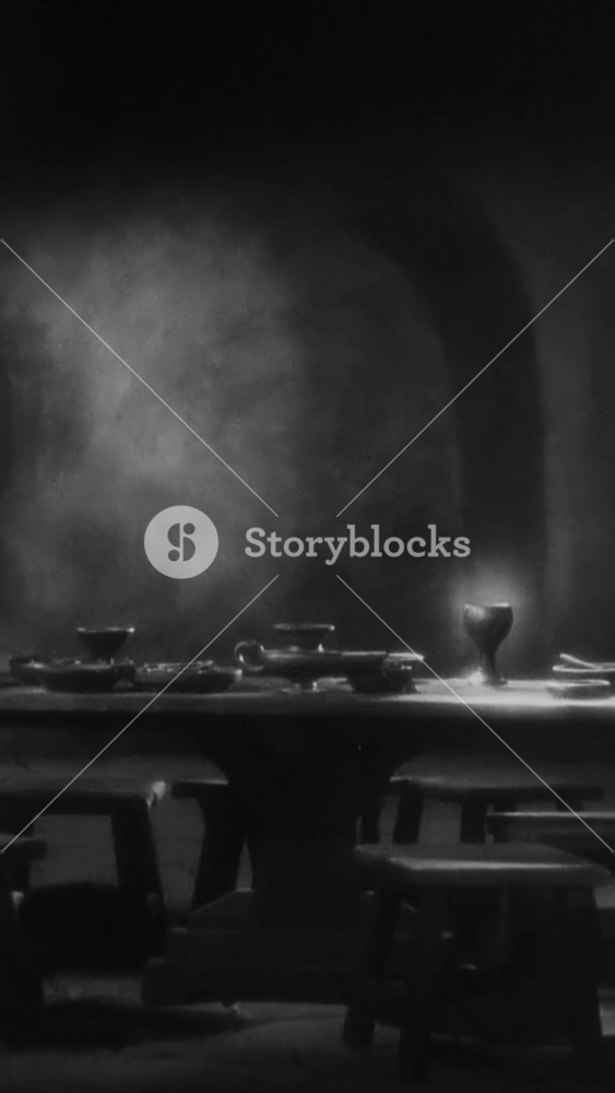 ISRAEL - 1927, in this silent epic film, Peter reaches for the wine chalice before leaving the Last Supper. A celestial light shines around the cup and a white dove flies in and lands next to it.