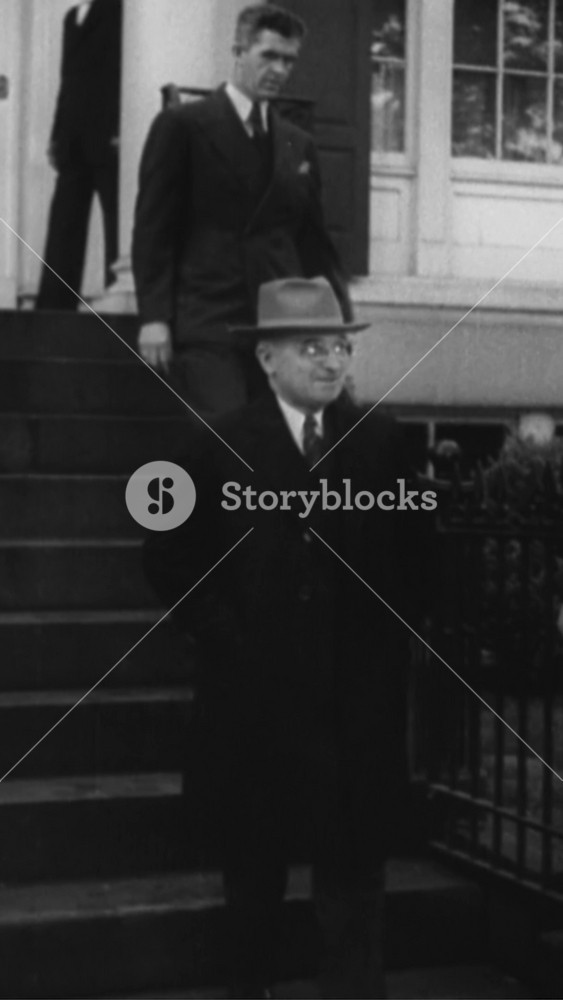 1945 - President Truman leaves Blair House for the White House in Washington DC. His confidential secretary Matthew J. Connelly and his press and radio relations man Leonard Reinsch are seen in their offices.