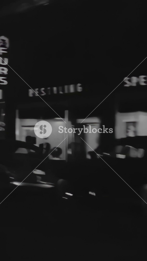 LOS ANGELES - 1946 - Street scenes of Los Angeles at night pass by parking lots, clothing stores, a donut shop and other businesses.