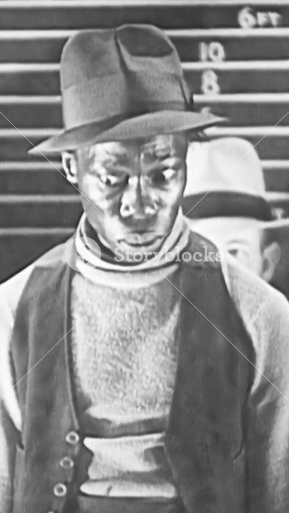 1935 - In this American drama film, an African American man is removed from a suspect lineup and walks towards a detective. The detective asks him some questions and he laughs as he responds.
