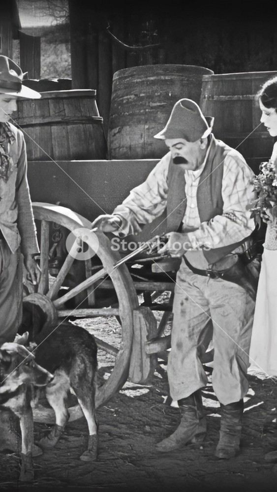 US - 1925 - in this silent western, a man approaches a woman and her father with a tamed wolf. Its presence spooks the horse and the father reacts with apprehension but he soon pets the wolf.