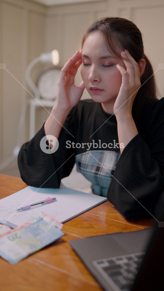 Stressed Asian woman calculating the high cost of living with cash in hand. She is counting money for necessary expenses rather than savings