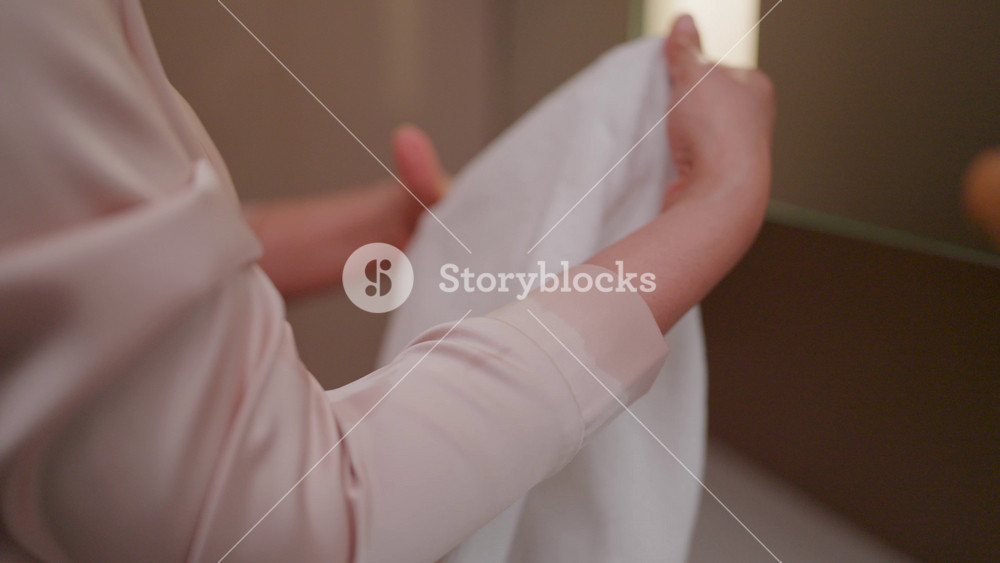 Hands holding a garment: A close-up of hands delicately holding up a pristine white garment, highlighting the texture and softness of the fabric and the gentle care being taken.