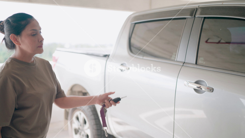 Unlocking Freedom, A woman unlocks her silver pickup truck, symbolizing independence, adventure, and the open road. Her confident expression suggests a sense of accomplishment and anticipation.