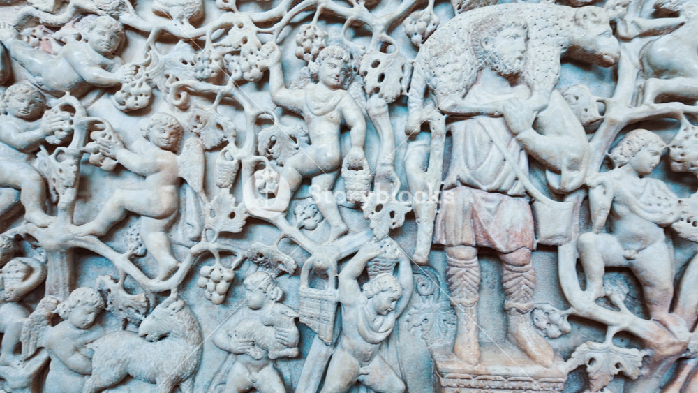 VATICAN CITY, Italy, 16 November 2025 - Intricate Roman stone sarcophagus depicting Biblical scenes displayed in the Vatican City, Hoy See, Rome, Italy