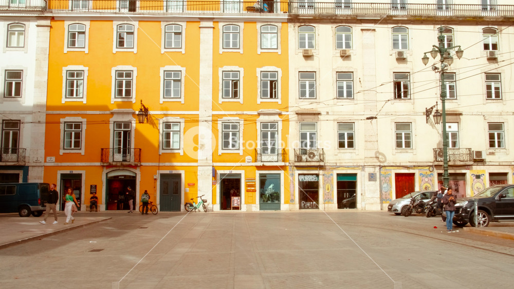 LISBON, Portugal, circa 2022 - Establishing shot of Cais do Sodre in the Baixa downtown district of Lisbon, Portugal