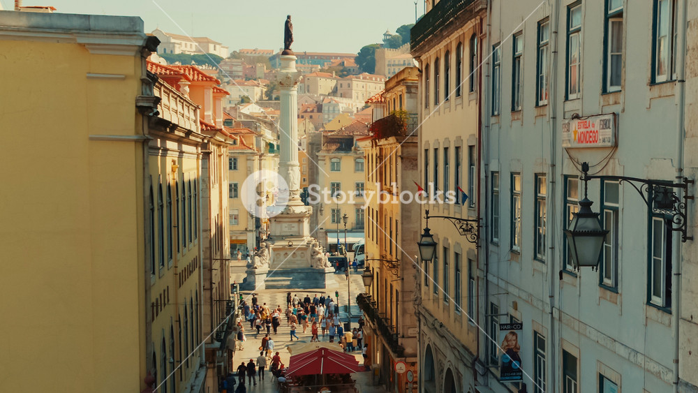 LISBON, Portugal, 18 October 2019 - Telephoto shot of the Praca D. Pedro IV square, also known as Rossio square, Lisbon, Portugal