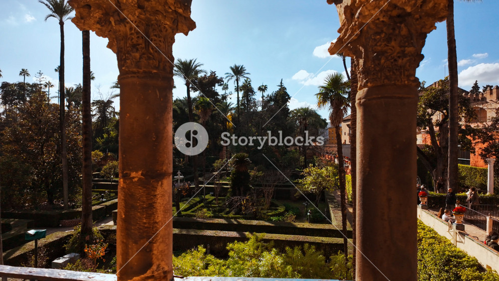 SEVILLE, Spain, 12 December 2025 - The gardens of the Royal Alcazar of Seville, Andalusia, Spain, featuring Islamic, Mudejar, Gothic, and Renaissance architectural styles