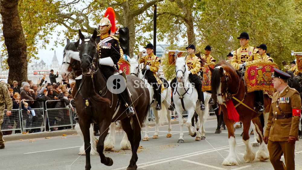 LONDON, United Kingdom, circa 2021 - The Band of The Household Cavalry parades during the Lord Mayor's Show dating back to the 13th century
