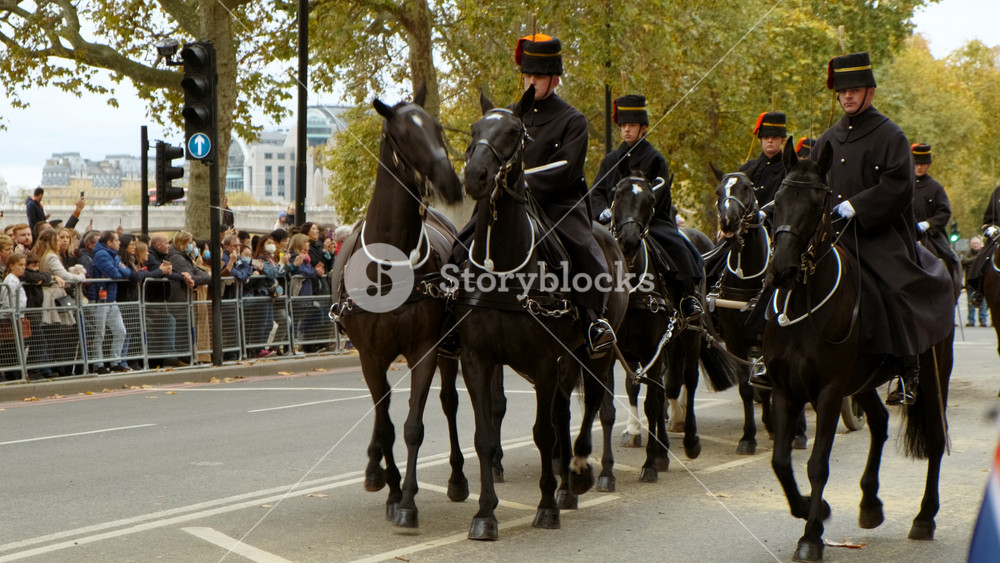 LONDON, United Kingdom, circa 2021 - The King's Troop Royal Horse Artillery parades during the Lord Mayor's Show dating back to the 13th century