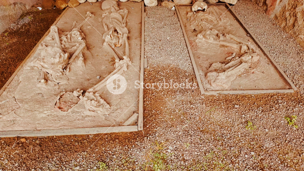 Skeletons of Pompeian citizens who died from Vesuvius ash the Macellum (public market), Pompeii, Naples, Campania, Italy, buried by Vesuvius in 79 AD