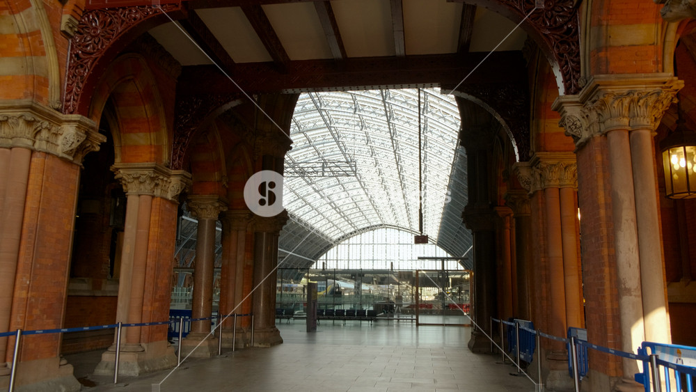 LONDON, United Kingdom, circa 2020 - The entrance to St Pancras International Railway Station in London, England, UK opened in 1868, a wonder of Victorian engineering