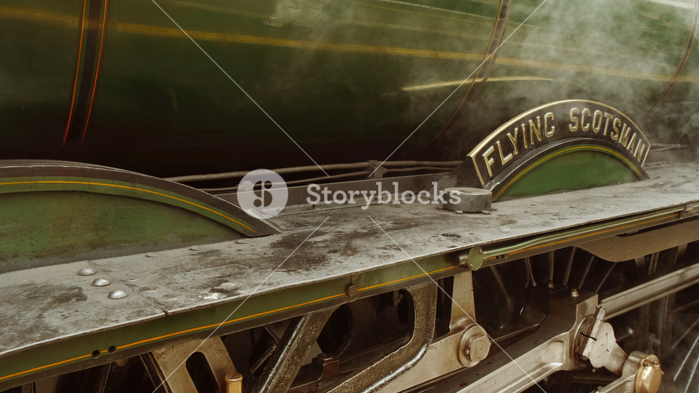 LONDON, United Kingdom, circa 2022 - Close-up view of the Flying Scotsman steam locomotive at Victoria Station. The worlds most famous locomotive was built in 1923