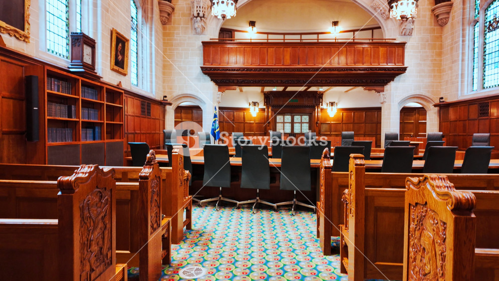LONDON, United Kingdom, 9 October 2025 - Hearing room inside the Supreme Court, London, England, UK, with wood paneling, judicial bench, counsel tables and public seating in a formal setting