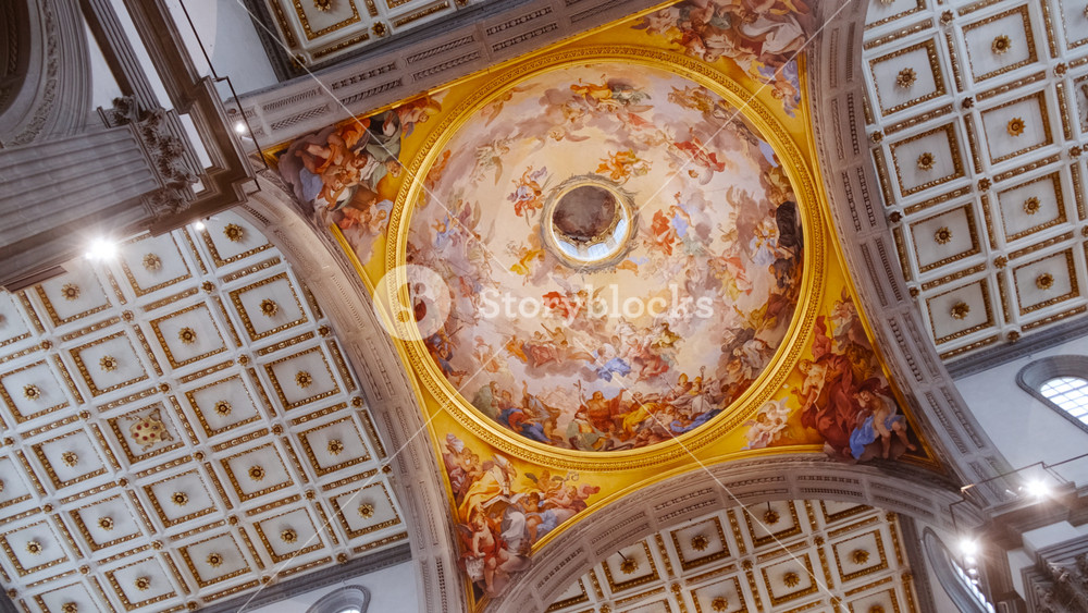 FLORENCE, Italy, 12 March 2024 - The beautiful painted dome of the Basilica di San Lorenzo in Florence, Tuscany, Italy, the burial place of most of the Medici family