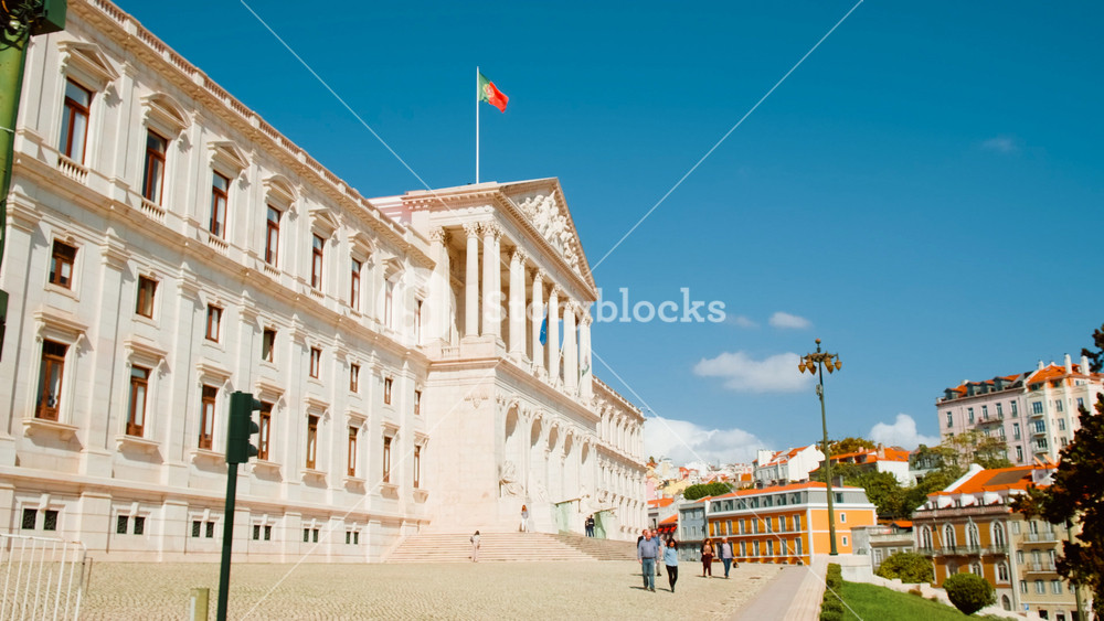 LISBON, Portugal, circa 2022 - Establishing shot of the Palacio de Sao Bento palace, home of the Portuguese Parliament, or Assembly of the Republic, in Lisbon, Portugal
