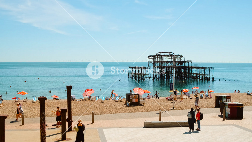 BRIGHTON, United Kingdom, circa 2022 - Stunning view of the Brighton beach and the derelict West Pier, one of the most popular summer resorts in England, since Victorian times