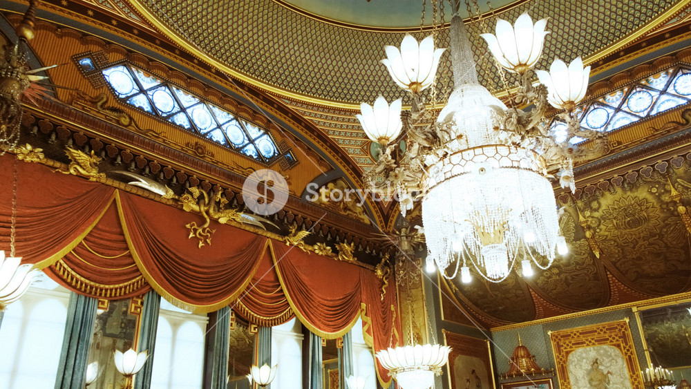 BRIGHTON, United Kingdom, circa 2022 - The interior of the stunning Royal Pavilion, also known as the Brighton Pavilion, a former royal residence completed in 1823