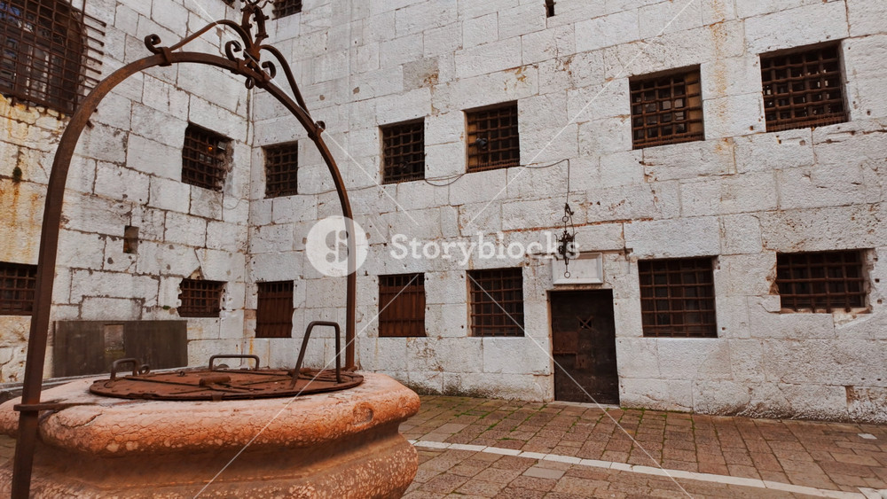 VENICE, Italy, 5 November 2024 - The interior courtyard of the New Prisons, Palazzo delle Prigioni Nuove, with the Doges Palace complex, Venice, Venetto, Italy