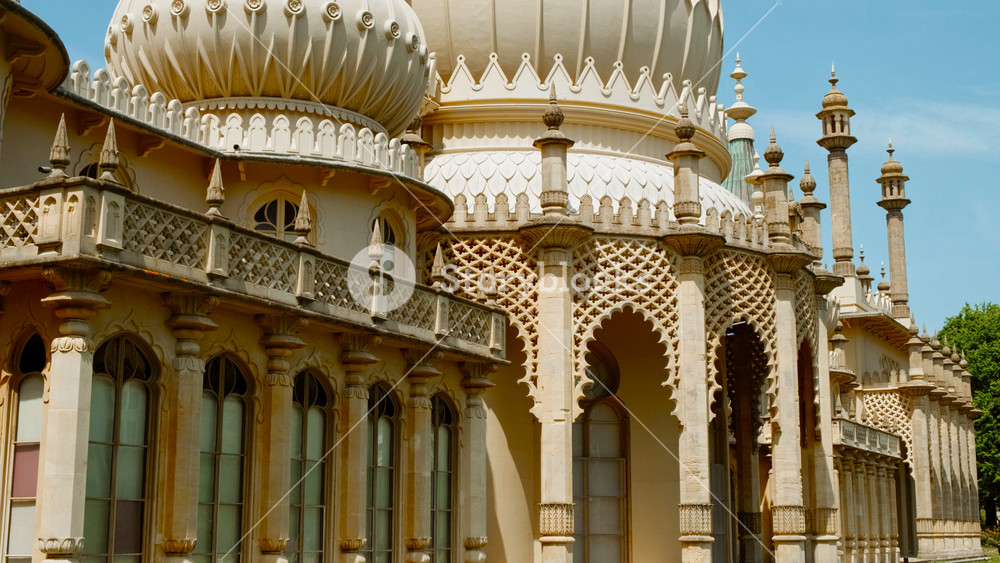 BRIGHTON, United Kingdom, circa 2022 - Close-up view of the stunning Royal Pavilion, also known as the Brighton Pavilion, a former royal residence completed in 1823