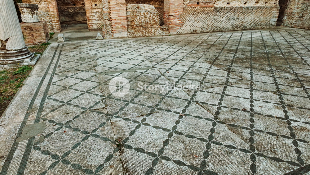 Floor mosaics at the Hospitalia in Hadrian's Villa, or Villa Adriana, in Tivoli, Rome, Italy, built around AD 120 by Roman emperor Hadrian