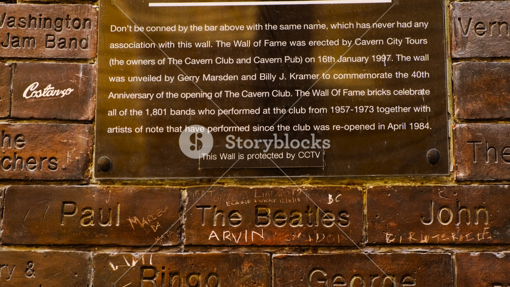 LIVERPOOL, United Kingdom, circa 2021 - Close-up view of the Liverpool Wall of Fame opposite the Cavern Club on Mathew Street in Liverpool, England, UK