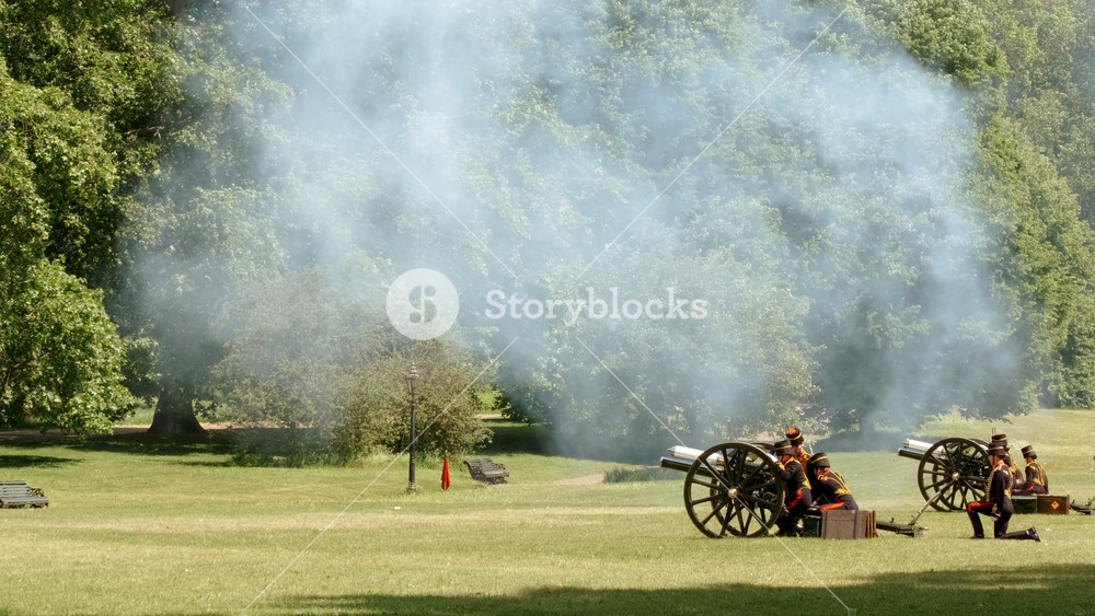 LONDON, United Kingdom, circa 2019 - Wide angle of artillery being fired during the Gun Salute in London, UK on the anniversary of the coronation of the British monarch