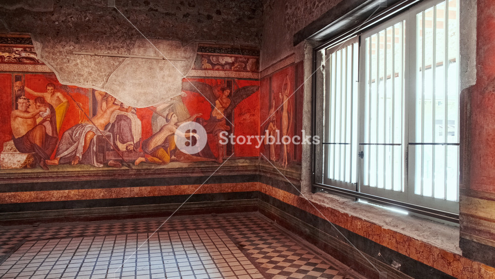 Hall of Mysteries at the Villa of Mysteries (Villa dei Misteri), Pompeii, Naples, Campania, Italy, showing a young girl's initiation to the rites of Dionysus