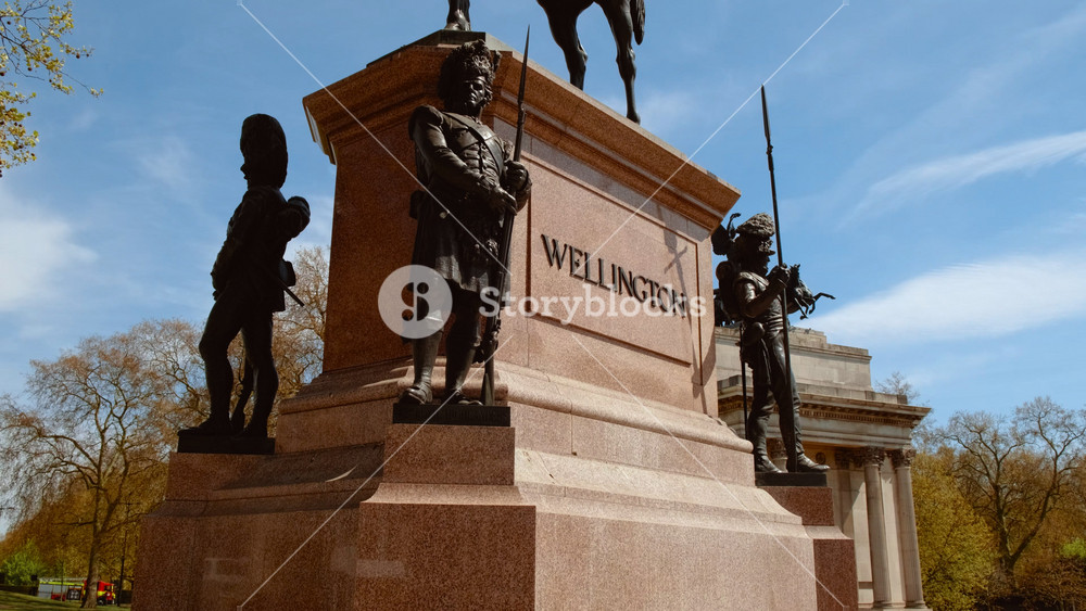 Revealing the equestrian statue of the Duke of Wellington and the Wellington Arch, or Constitution Arch in London, England, UK