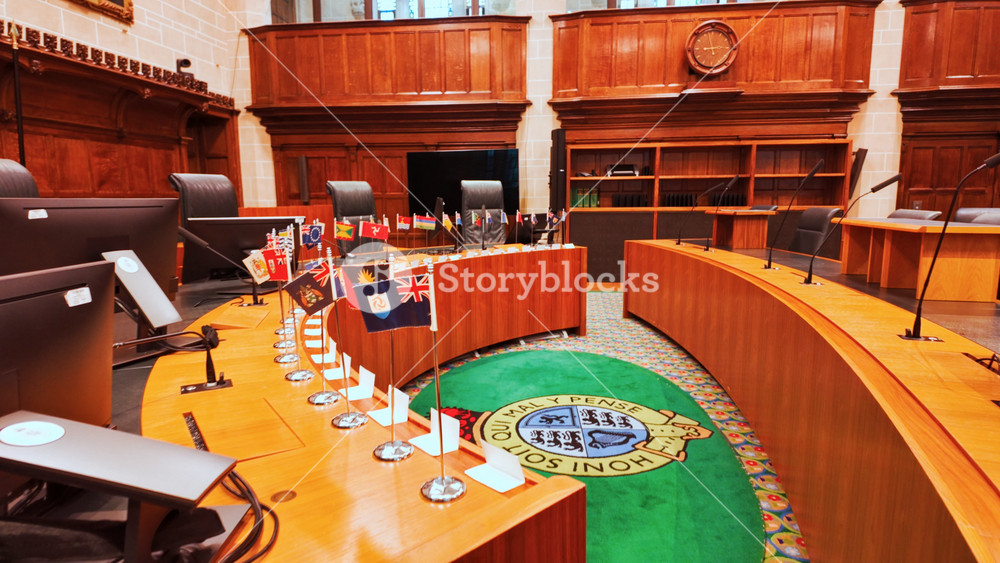 LONDON, United Kingdom, 9 October 2025 - Hearing room inside the Supreme Court, London, England, UK, with wood paneling, judicial bench, counsel tables and public seating in a formal setting