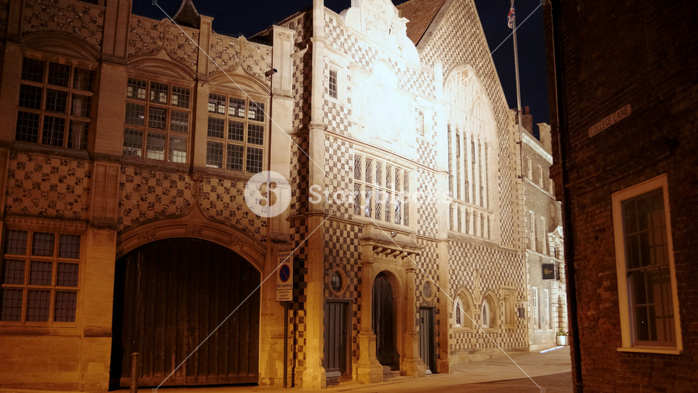 KING'S LYNN, United Kingdom, circa 2022 - Night view of King's Lynn Guildhall also known as the Guildhall of the Holy and Undivided Trinity in Norfolk, UK, dating to 1422