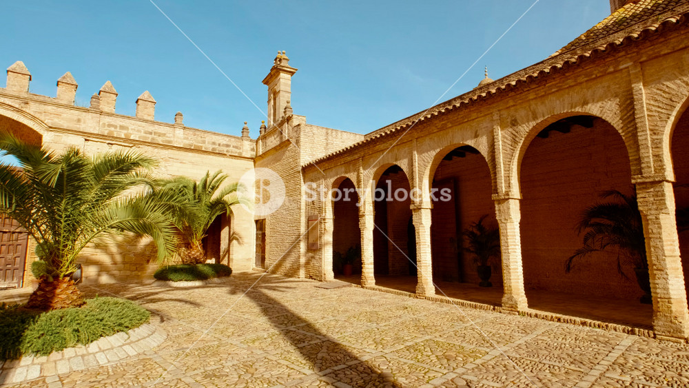 JEREZ DE LA FRONTERA, Spain, 27 JANUARY 2024 - The Alcazar of Jerez de la Frontera in Andalucia, Spain, a fortified palace complex showcasing a blend of Islamic and Christian architecture