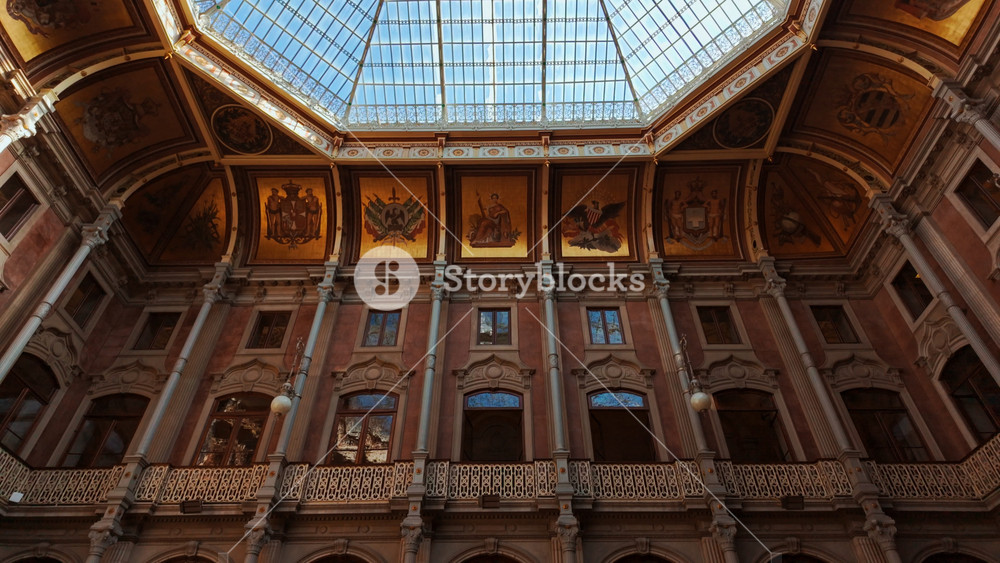 PORTO, Portugal, 16 June 2025 - Palacio da Bolsa Stock Exchange Palace reveals richly carved coats of arms and massive granite pillars in Porto, Portugal