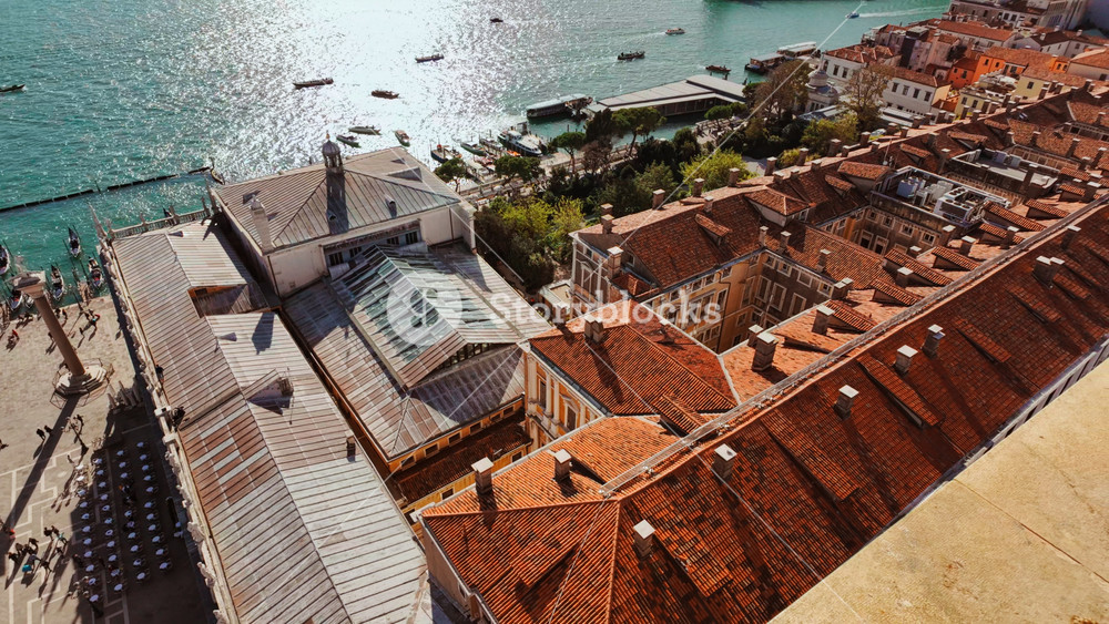 Panoramic aerial view of Venice, Italy, Basilica di San Marco (St Mark's Basilica), Palazzo Ducale (Doge's Palace) and San Giorgio Maggiore island.