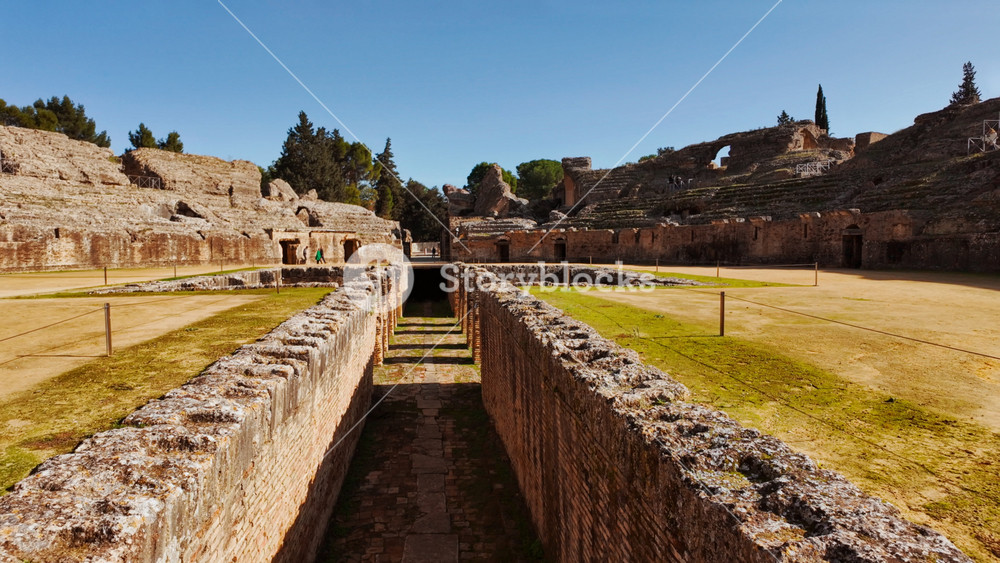 The ruins of Italica, an ancient city located near modern-day Santiponce, close to Seville, Andalusia, Spain founded in 206 BC by Roman general Scipio Africanus