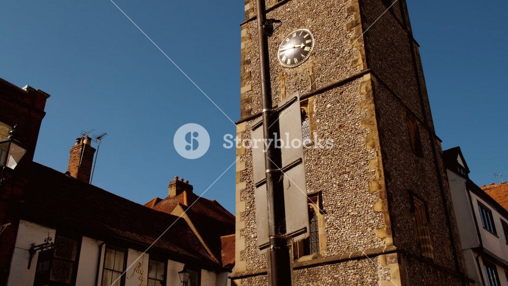 ST ALBANS, United Kingdom, circa 2022 - Wide view of St Albans clock tower in Hertfordshire, England, UK, built in 1405, the only remaining medieval town belfry in England