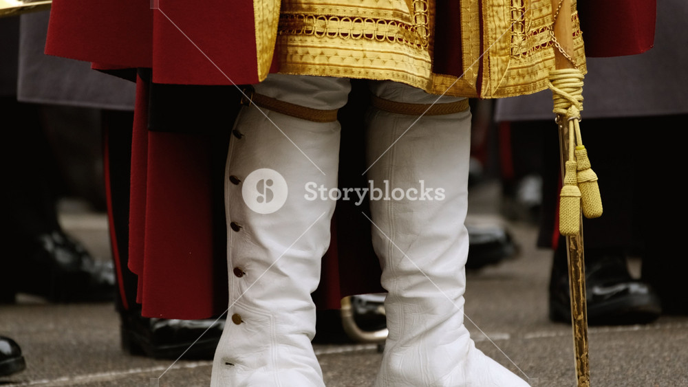LONDON, United Kingdom, circa 2021 - A member of the Coldstream Guards Band parades during the traditional Remembrance Sunday event in Whitehall, Westminster, London, UK