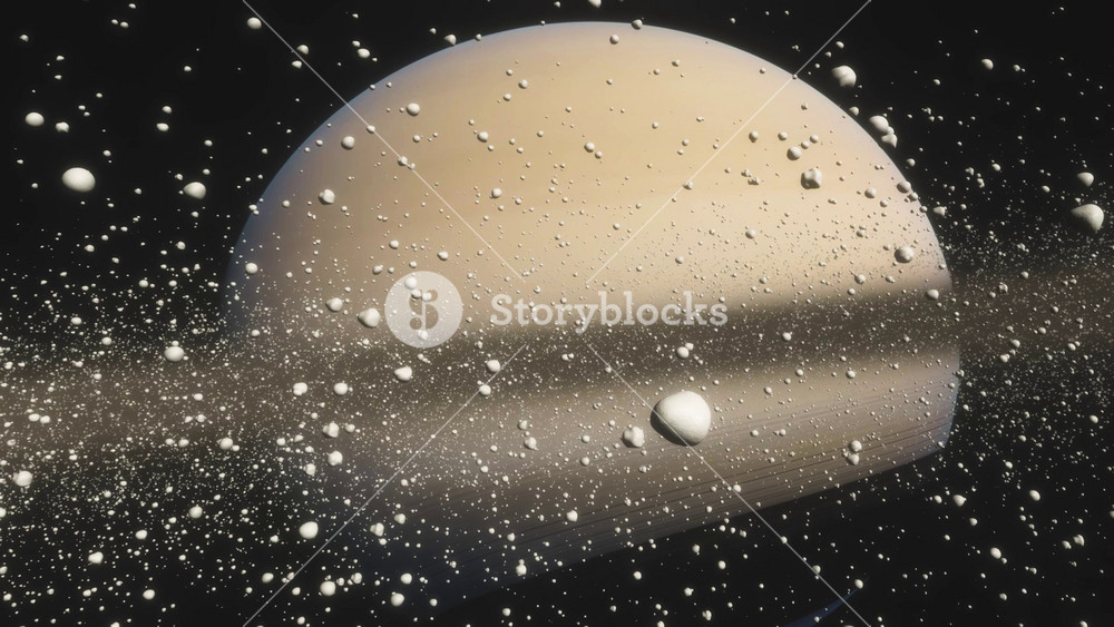 Cinematic animation of rings made of stones, dust and ice. Planet Saturn is a huge planet of the solar system with beautiful rings.