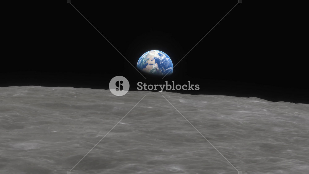 Lunar program, the spacecraft flies over the surface of the moon. The Earth rises above the horizon of the Moon. Cinematic detailed 3d animation. Visualization of the space program of flights to the