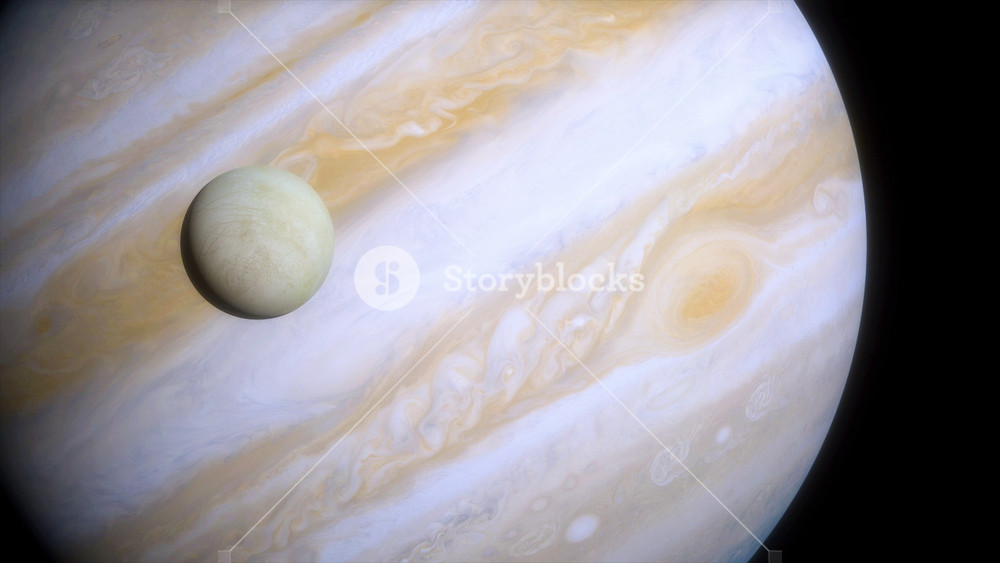 Ice moon Europa on the background of the large gas planet Jupiter. Great Red Spot on Jupiter. Cinematic animation of Jupiter