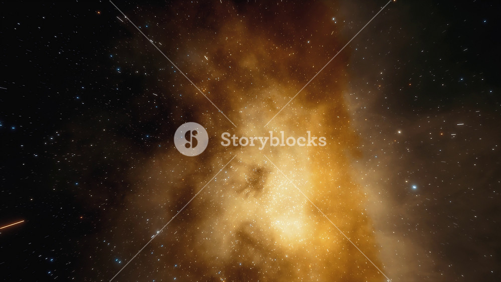 Spaceship flies near colored nebula in space. Billions of stars in the Milky Way galaxy. Beautiful clusters of stars. 3d Animation