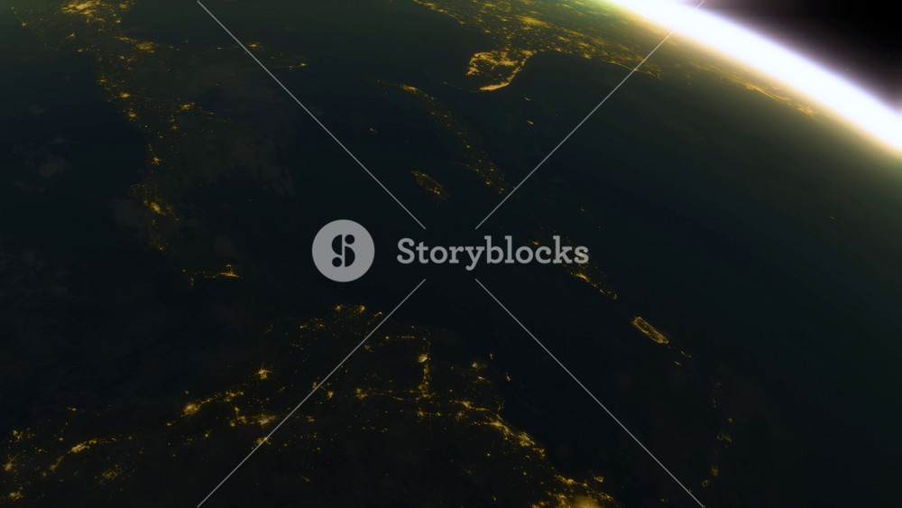Spaceship flies over the planet Earth on night. Cinematic shot of night side of planet Earth from space. View Of Planet Earth From Space. 3d animation